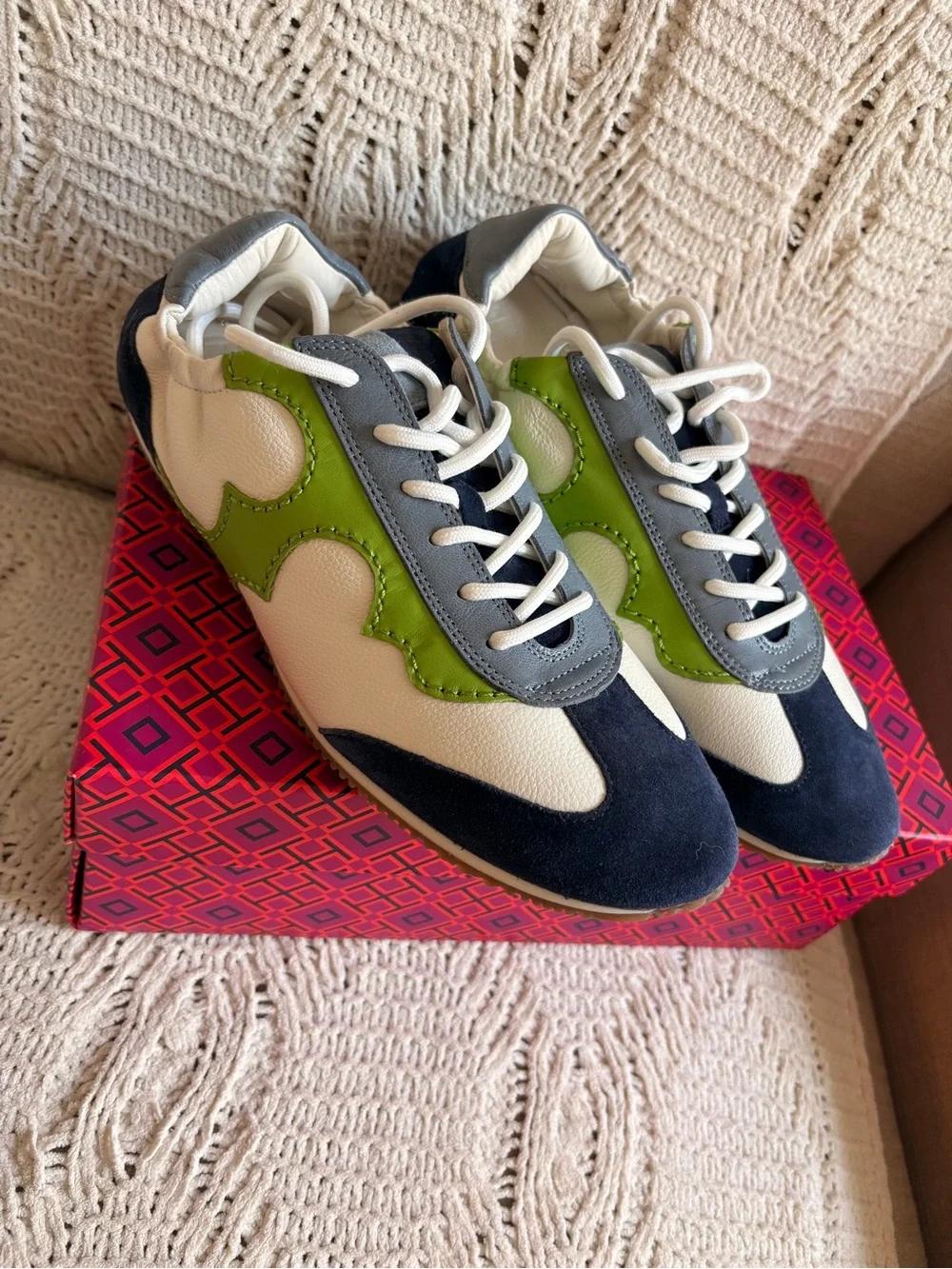 Tory Burch Navy, White & Green Leather Sneakers